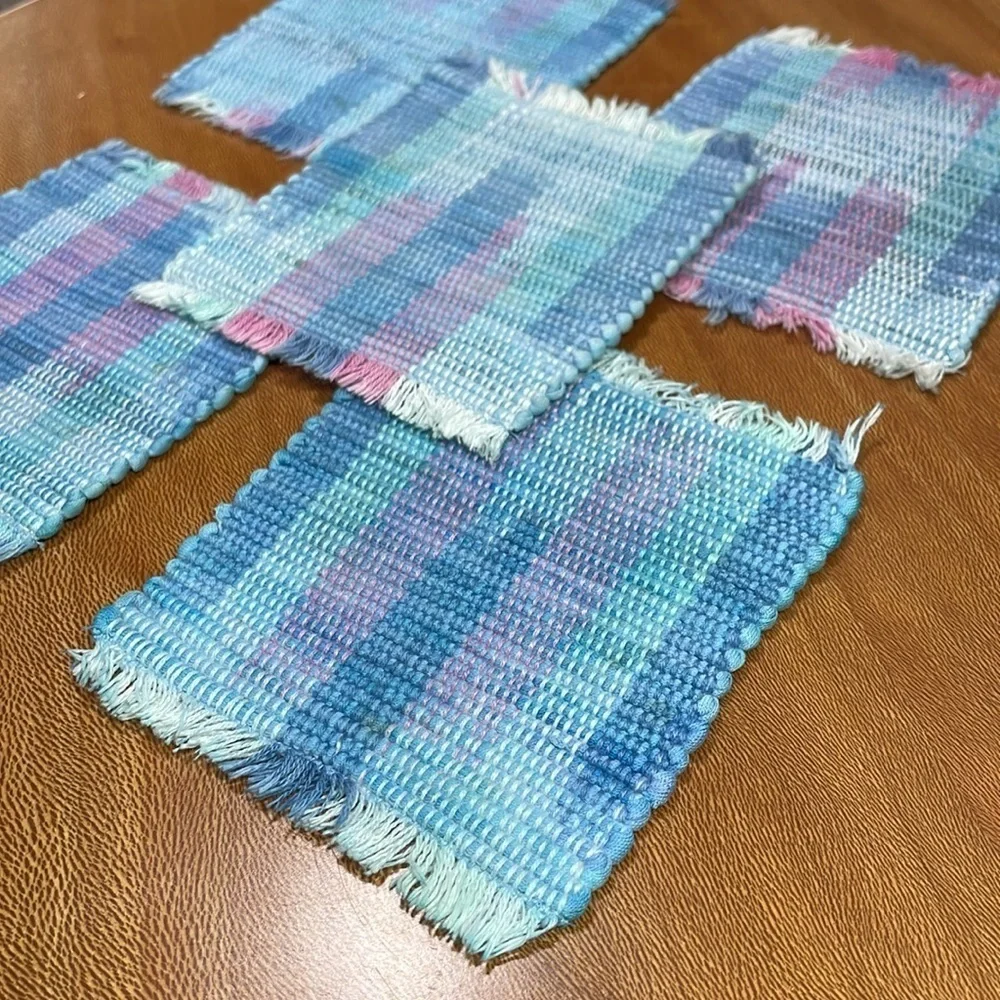 Vintage 90’s Woven Mug Rugs Coaster Cup Place Mats Turquoise Pink Blue Bohemian